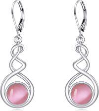 wholesale Sterling Silver Spiral Dangle Earrings with Black Onyx Peridot Pink Cat Eye Lapis Lazuli Turquoise Moss Agate Moonstone Amethyst Mustard Seed Leverback Jewelry Gifts for Women Teens-Pink Opal Earrings