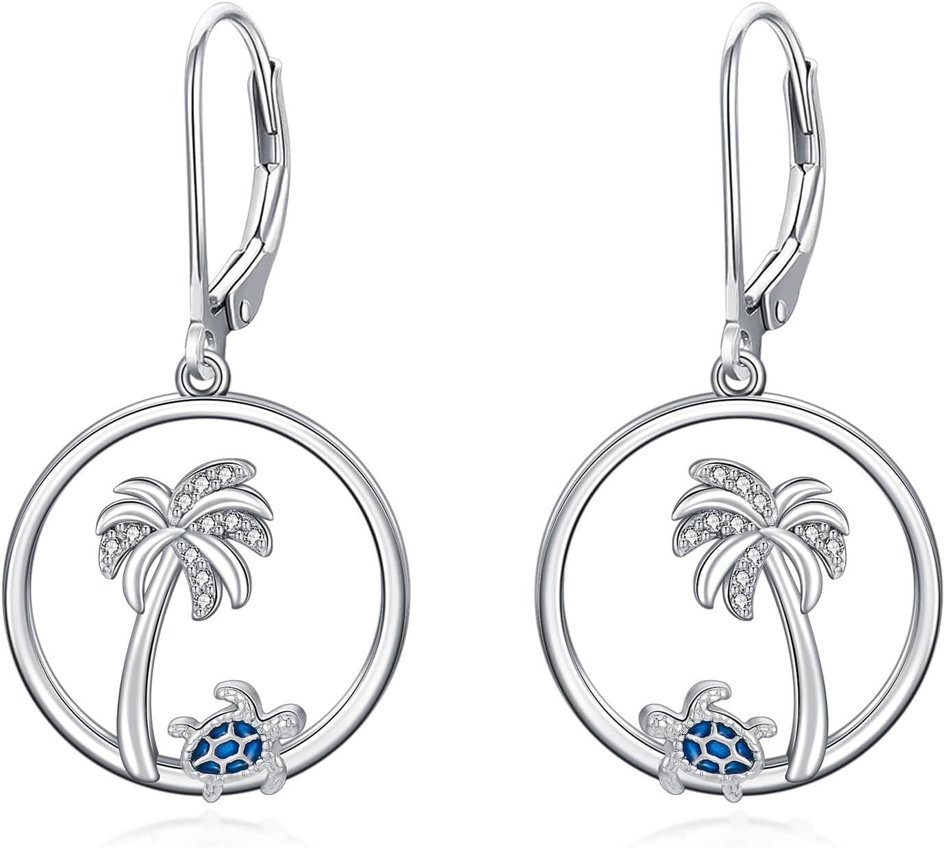 Sterling Silver Snowflake Daisies Sunflower Comedy Tragedy Mask Opera Mask Hummingbird Black Cat Dangle Earrings for Women-Sea Turtle