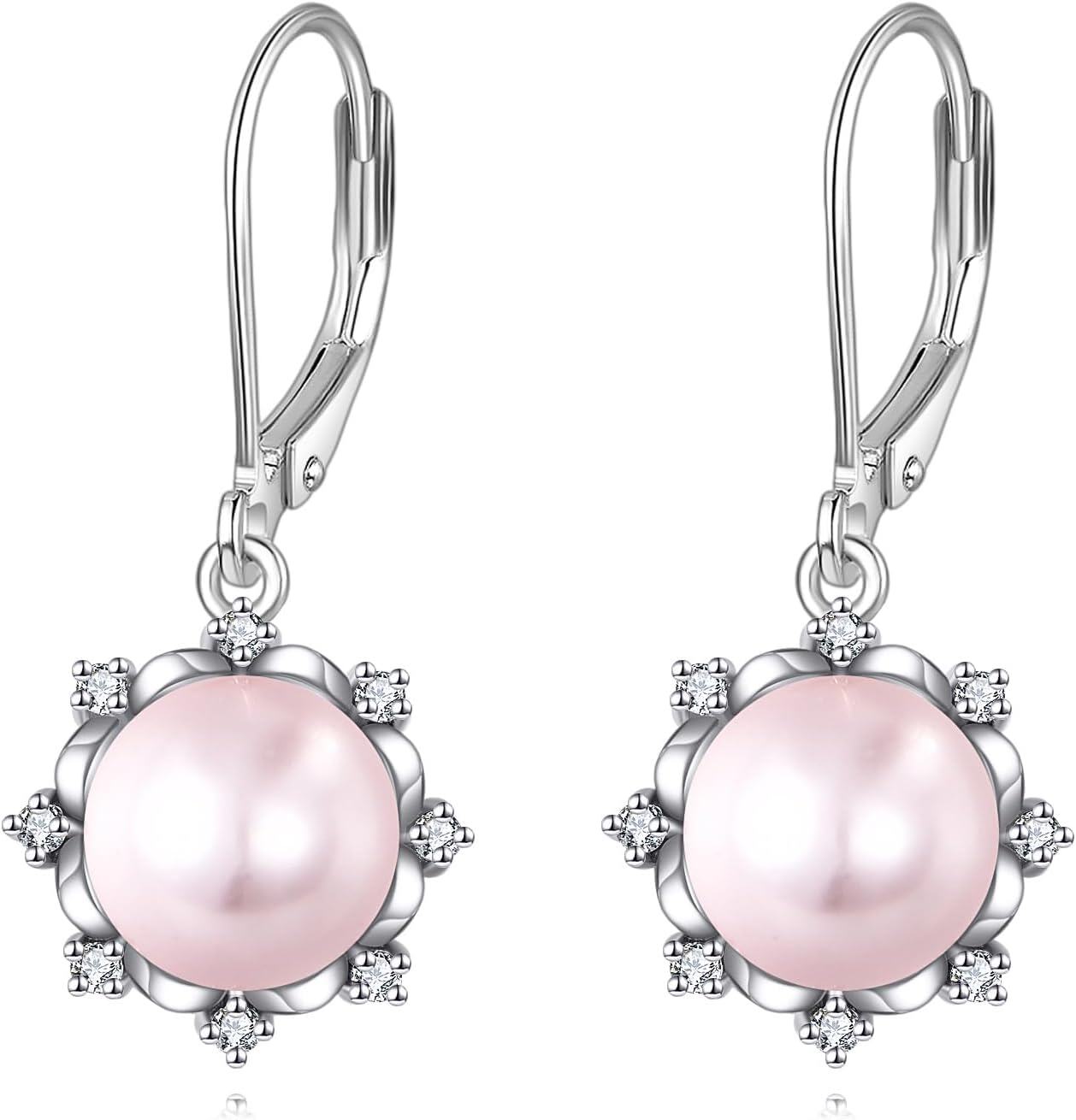 Sterling Silver Pearl Dangle Drop Earrings for Women Birthday Gifts-Pink Pearl