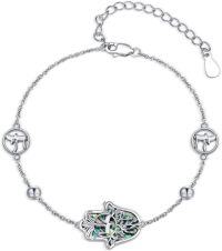 wholesale 925 Sterling Silver Abalone Shell Evil Eye Hamsa Hand Charm Bracelet for Women-Chai