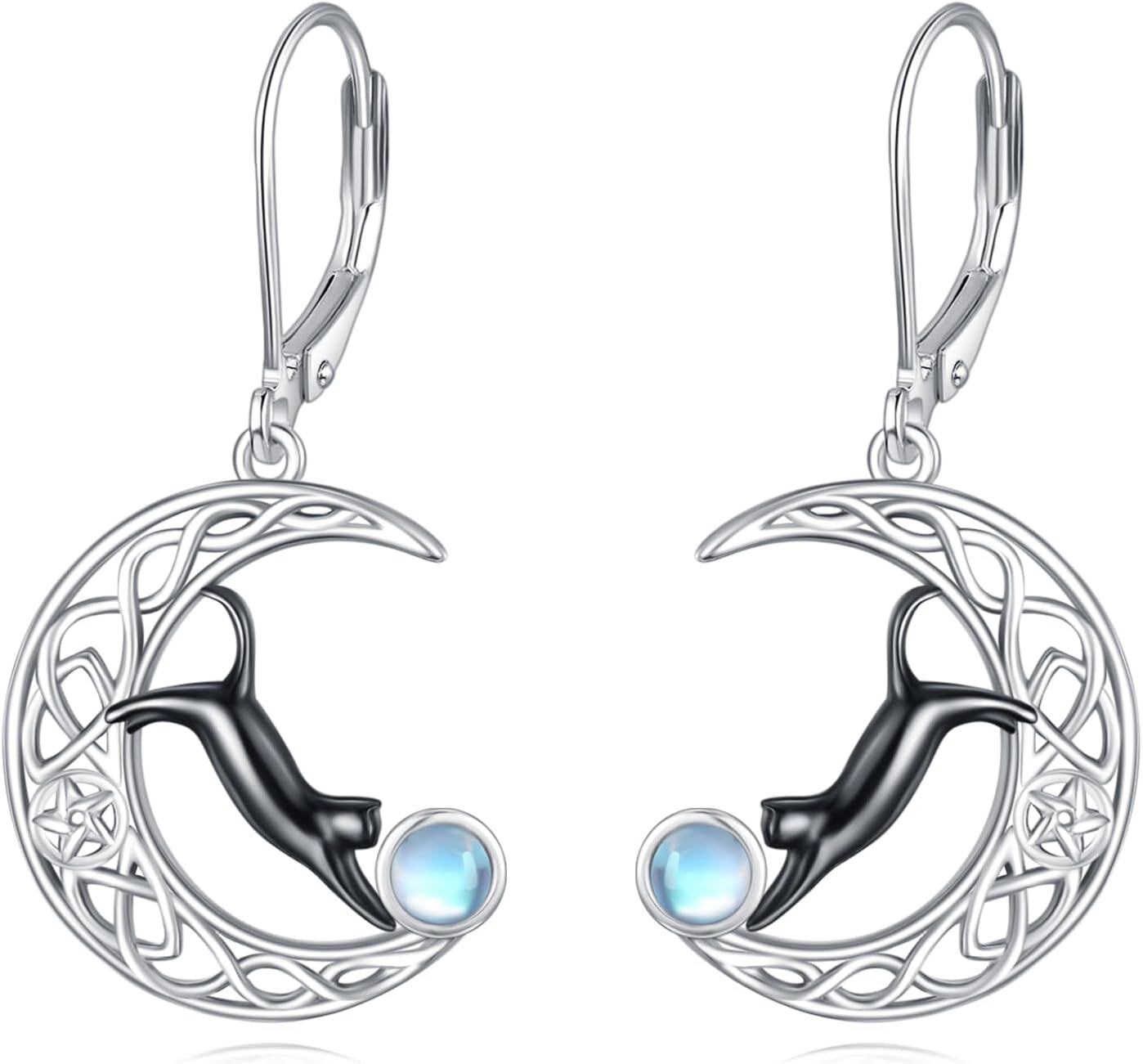 Sterling Silver Owl Dragonfly Butterfly Black Cat Hummingbird Dangle Earrings-Celtic Black Cat Earrings