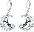 wholesale 925 Sterling Silver Moon & Black Cat Drop Earrings with Rainbow Moonstone-0-0
