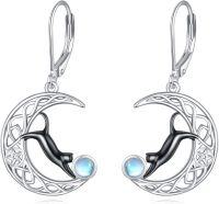 wholesale 925 Sterling Silver Moon & Black Cat Drop Earrings with Rainbow Moonstone-Celtic Black Cat Earrings