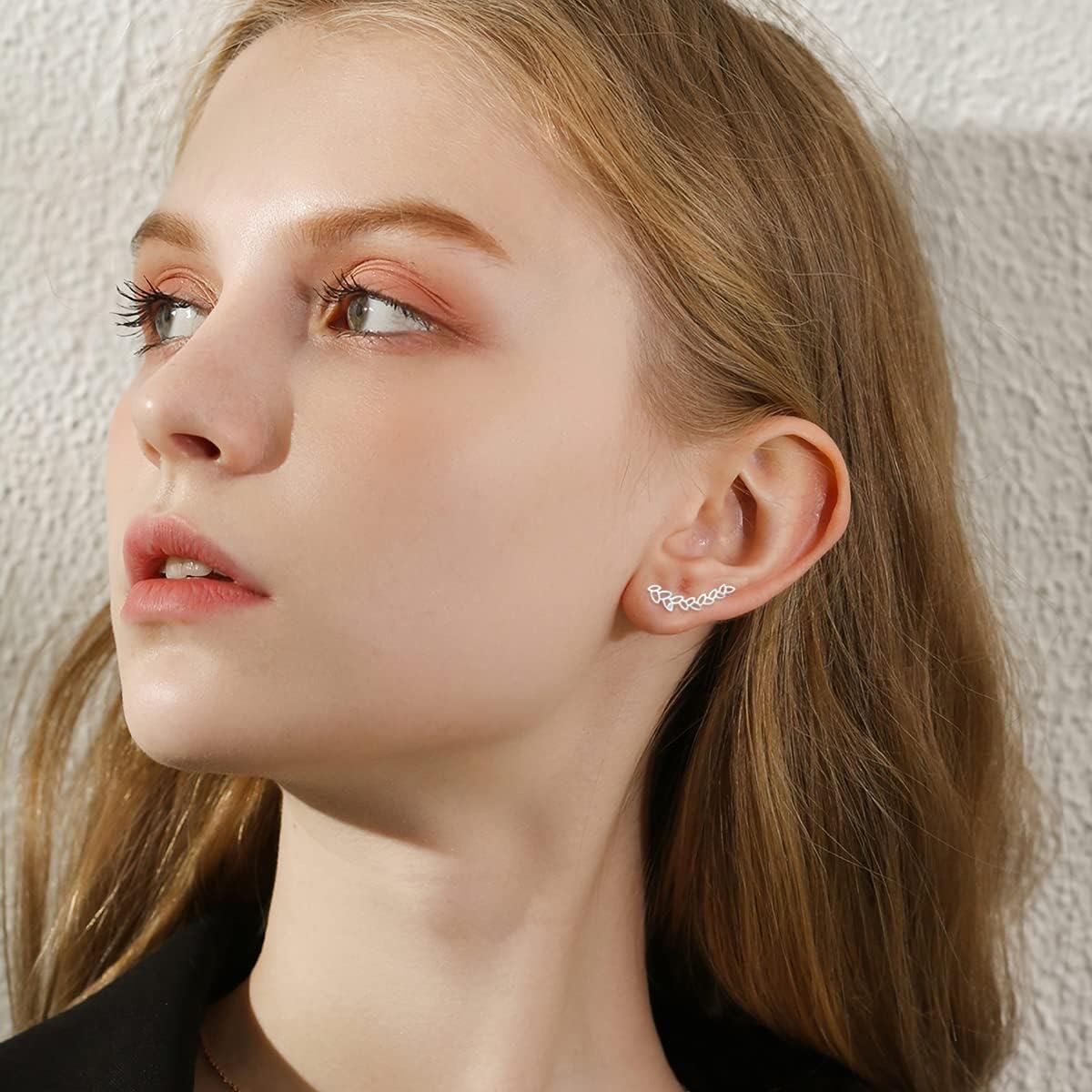 18K White Gold Feather Design Ear Climbers Stud Earrings for Women-0-3