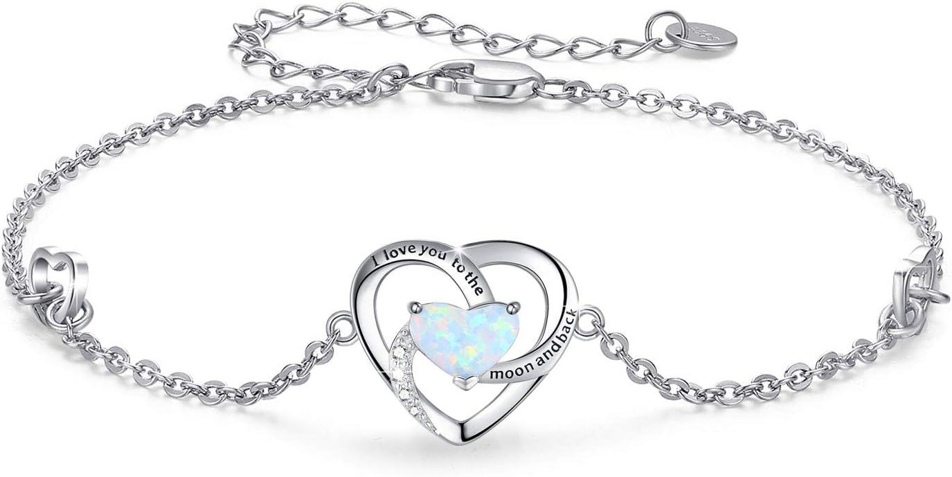 Sterling Silver Opal Turquoise Heart Bracelet I Love You to the Moon Back Adjustable Valentine s Gift for Women Girls-0-1
