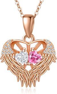 wholesale Sterling Silver 2 Birthstones Angel Wings Necklace for Women-04-10-Apr-Oct