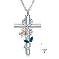 wholesale 925 Sterling Silver Cross with Lily and Butterfly Charm Cremation Jewelry Urn Necklace for Ashes Keepsake Pendant-05-May-Lily Non-personalized