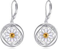 wholesale 925 Sterling Silver Citrine & White Enamel Flower Leverback Drop Earrings for Women Girls Gifts æ¶å°é¥°å-Daisy
