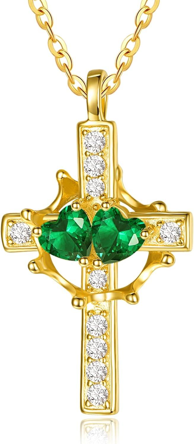 Sterling Silver Birthstones Gold Cross Necklace for Women -05-05-May-May-05-05-May-May