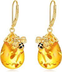 wholesale 925 Sterling Silver Honeycomb Bee Drop Earrings with Amber Crystals and Citrine Moonstones-Amber