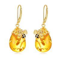 wholesale 925 Sterling Silver Honey Bee Dangle Earrings With Amber Honeycomb Charm-Amber