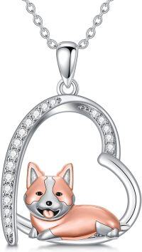 wholesale 925 Sterling Silver Heart-Shaped Corgi Pendant Necklace with Cubic Zirconia Accents-Corgi