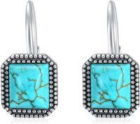 wholesale 925 Sterling Silver Square Genuine Turquoise Leverback Drop Earrings-Square
