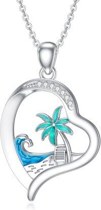 wholesale 925 Sterling Silver Palm Tree and Beach Scene in Ocean Waves Heart Pendant Necklace for Women-b