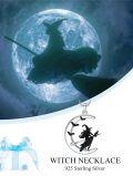 wholesale 925 Sterling Silver Halloween Witch on Broomstick Crescent Moon & Ghosts Pendant Necklace-0-5