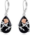 wholesale 925 Sterling Silver Rose Design Teardrop Black Tourmaline Leverback Earrings-0-0