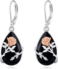 wholesale 925 Sterling Silver Rose Design Teardrop Black Tourmaline Leverback Earrings-Rose Flower