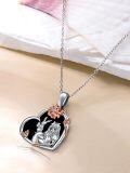 wholesale 925 Sterling Silver Heart-Shaped Alice in Wonderland Rabbit and Girl Pendant Necklace with Rose Gold Leaves & Black Enamel Background - Gifts for Women-0-4
