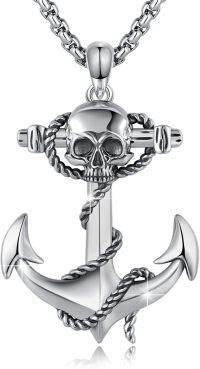 wholesale 925 Sterling Silver Anchor with Skull and Rope Pendant Necklace for Men & Women-Skull Anchor