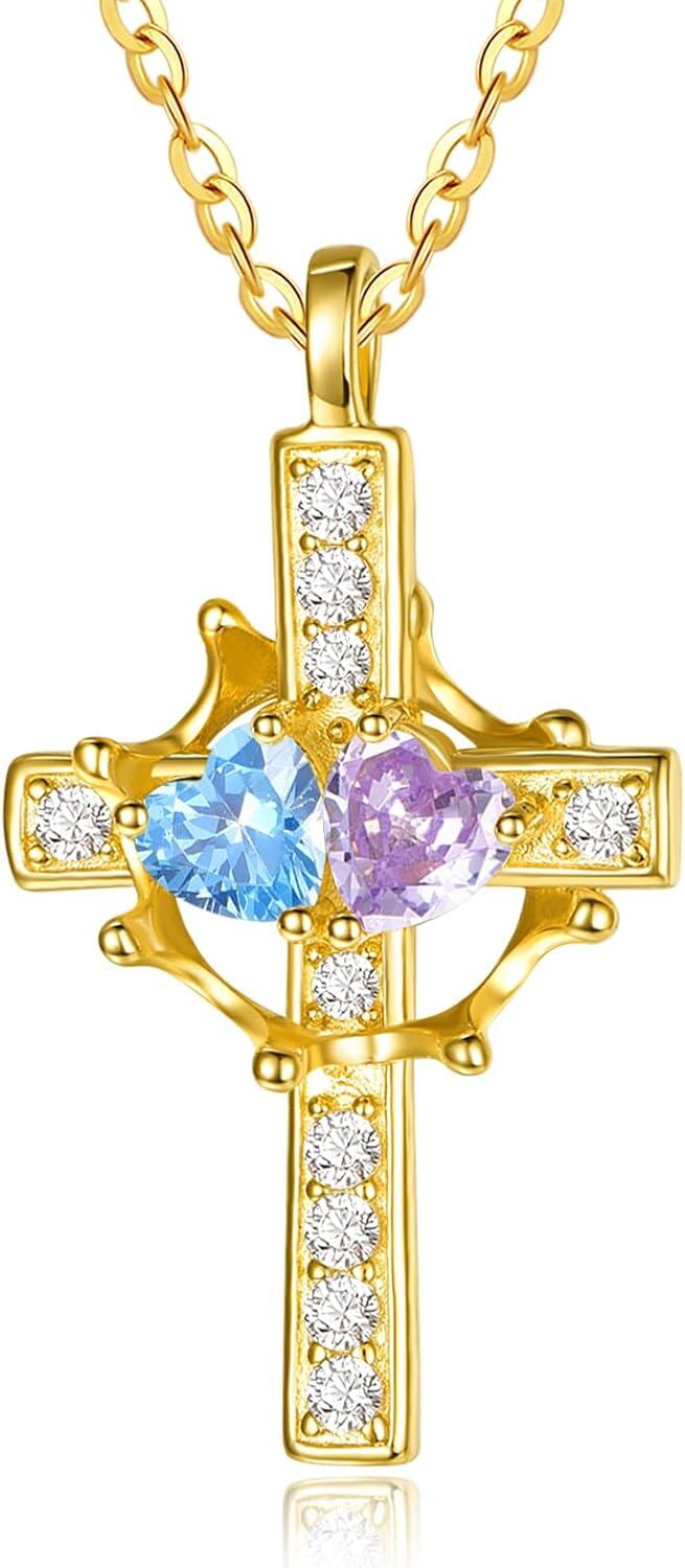 Sterling Silver Birthstones Gold Cross Necklace for Women -03-06-Mar-Jun-03-06-Mar-Jun