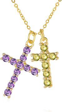wholesale 14K Gold Sterling Silver Birthstone Double Cross Necklace for Women-02-08-Feb-Aug