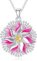 wholesale 925 Sterling Silver Flower Pendant Necklace with Pink Enamel and Yellow Stone for Women Girls-0-0