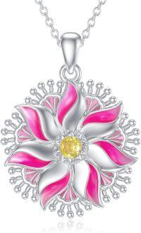 wholesale 925 Sterling Silver Flower Pendant Necklace with Pink Enamel and Yellow Stone for Women Girls-Lotus C