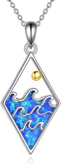 wholesale 925 Sterling Silver Blue Opal Wave Pendant Necklace with Gold Accents-Wave
