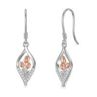 wholesale 925 Sterling Silver Floral Drop Earrings with Pink Roses and CZ Accents-tulip