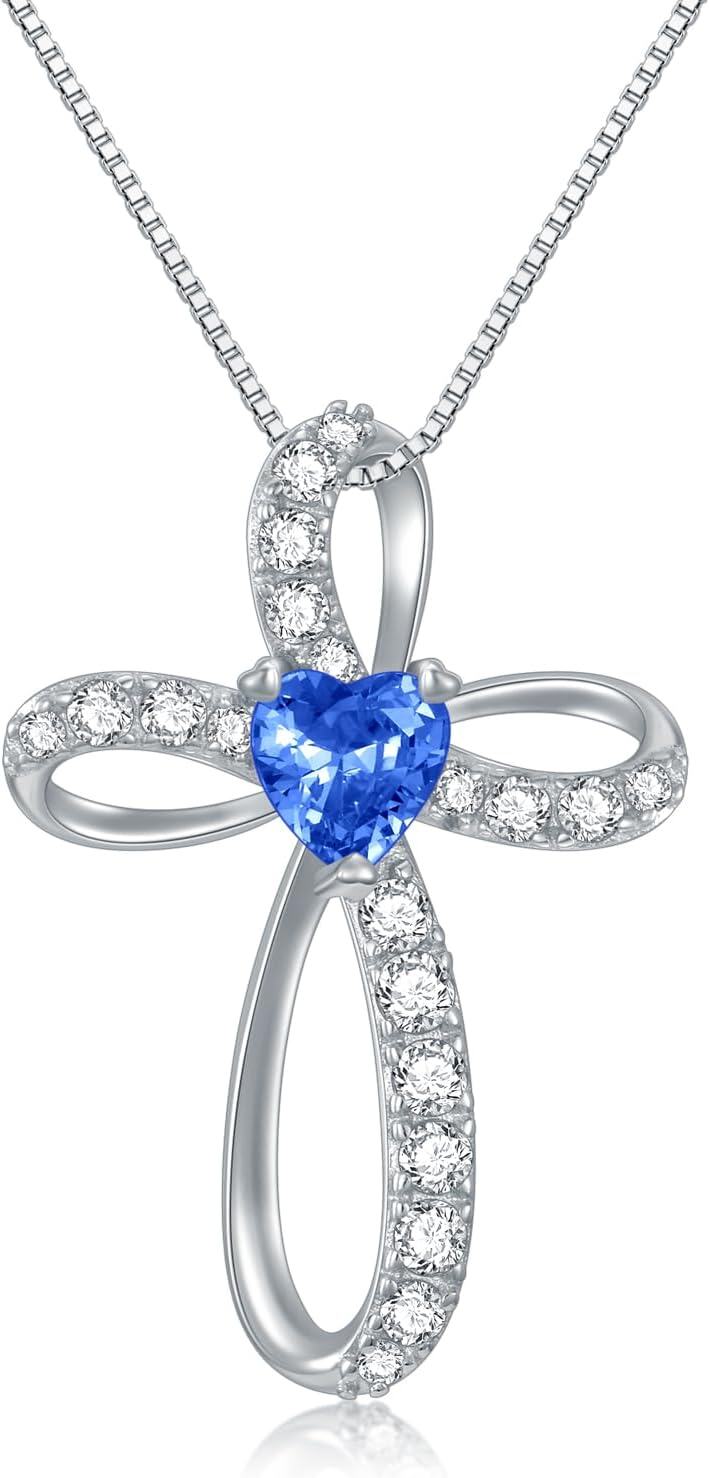  Sterling Silver Birthstone Cross Necklace for Women Birthday Mother s Day Gift ( )-09-Sep Birthstone - Blue Sapphire