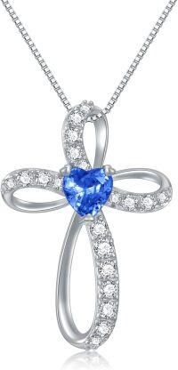 wholesale 925 Sterling Silver Birthstone Cross Necklace for Women Birthday Mother s Day Gift ( )-09-Sep Birthstone - Blue Sapphire