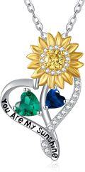 wholesale S925 Sterling Silver Sunflower Pendant Necklace with 1CT Emerald & Sapphire, 18 Chain, Birthstone Gift for Women-0-0