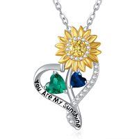 wholesale S925 Sterling Silver Sunflower Pendant Necklace with 1CT Emerald & Sapphire, 18 Chain, Birthstone Gift for Women-05-09-May-Sept