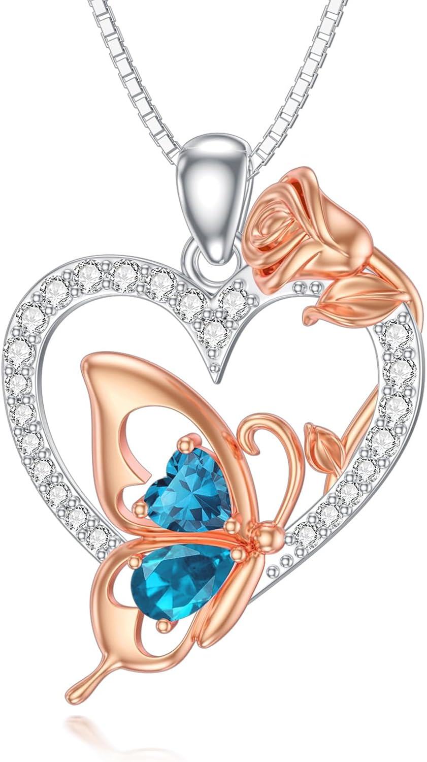  Sterling Silver Zircon Butterfly Heart Necklace for Women Birthday Gift -December