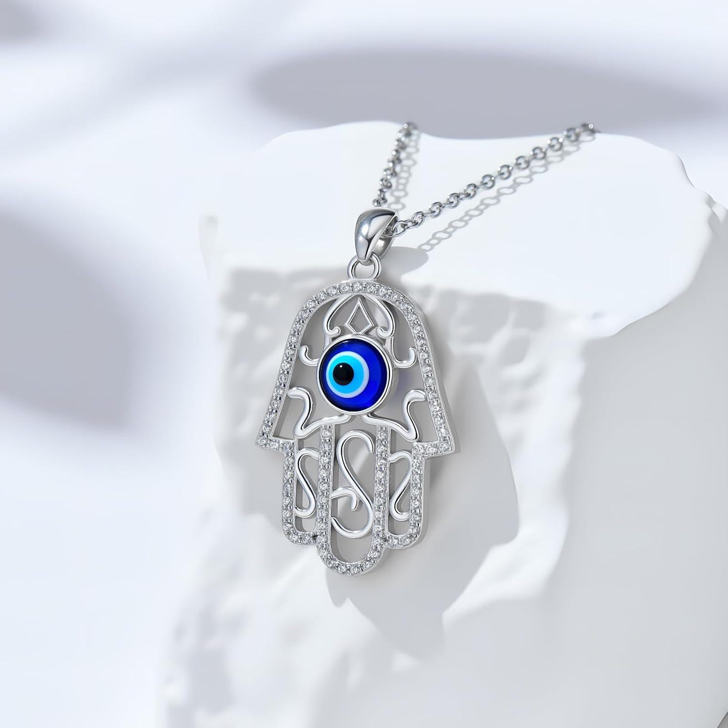 Sterling Silver Lotus Evil Eye Hamsa Necklace Hand of Fatima Pendant Jewelry for Women-0-1