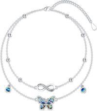 wholesale 925 Sterling Silver Butterfly & Opal Beads Double Layered Ankle Anklet-Infinity Butterfly 9+2 inch Anklet
