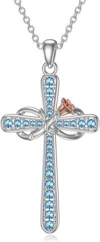 wholesale 925 Sterling Silver Birthstone Rose Flower Infinity Cross Necklace for Women-03-Mar-Aquamarine