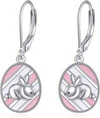 wholesale 925 Sterling Silver Rabbit Dangle Drop Earrings - Pink & White Striped Design Jewellery Gift for Her-Bunny