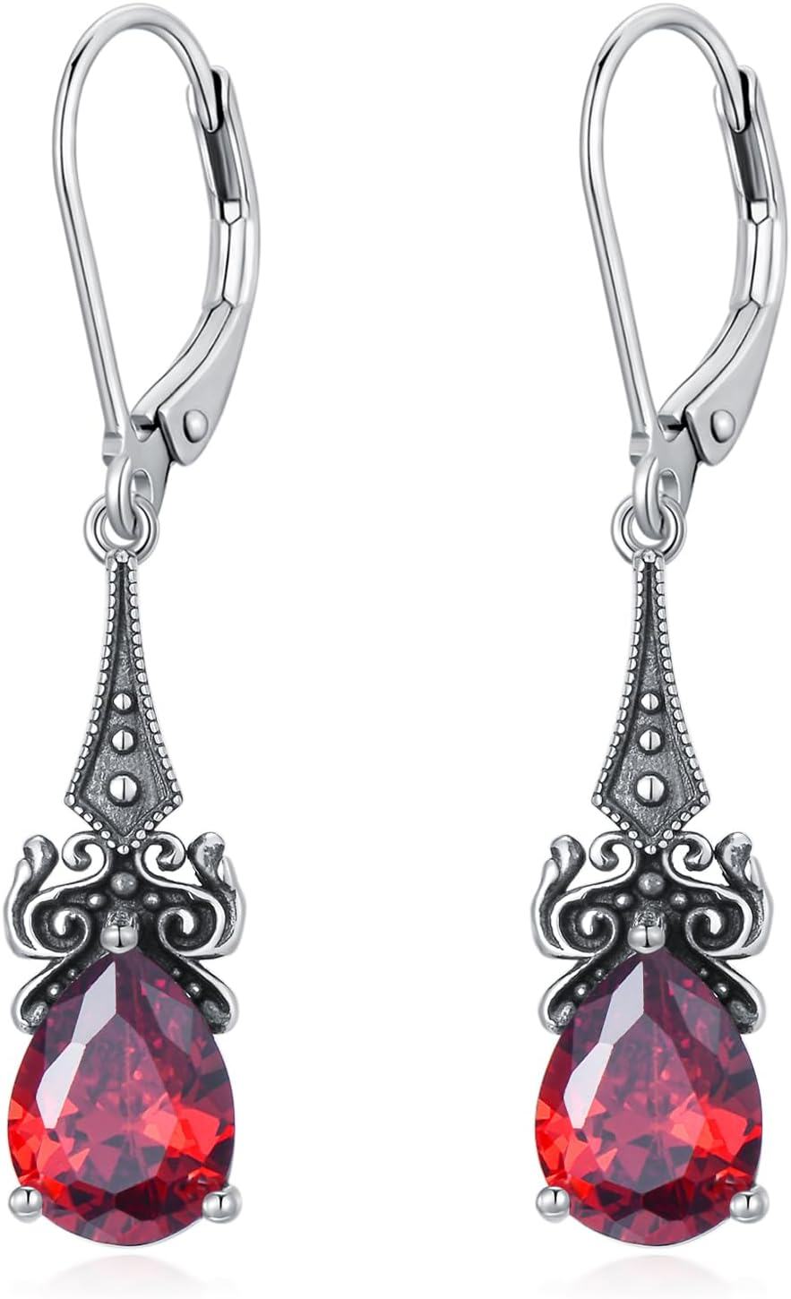 wholesale Sterling Silver 10mm Teardrop 12 Months Birthstone Dangle Drop Earrings-01-Garnet-Red