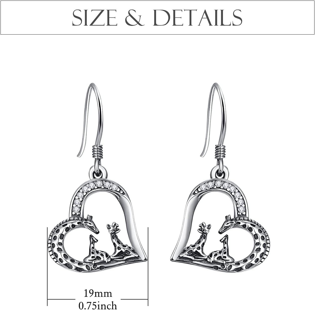 925 Sterling Silver Heart-Shaped Giraffe Family Dangle Drop Earrings for Women Gifts-0-3