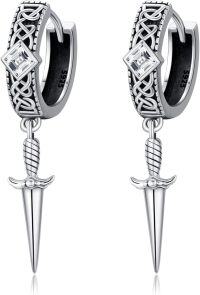 wholesale 925 Sterling Silver Norse Mythology Themed Huggie Earrings with Celtic Knots and Sword Charm for Men & Women-Sword Hoop Earrings-Silver