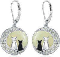 wholesale 925 Sterling Silver 925 Cat Design Green Jade Leverback Drop Earrings for Women-C-Cat Two-White Gold