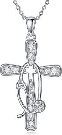 wholesale 925 Sterling Silver Birthstone Crystals Stethoscope Necklace for Nurse Doctor Medical Student-4-Apri-Diamond