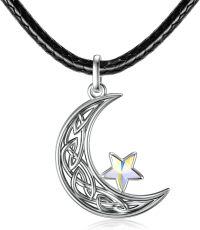 wholesale 925 Sterling Silver Moon & Star Pendant on Black Braided Leather Cord Choker Necklace for Women-B-Moon and Star