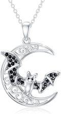 wholesale 925 Sterling Silver Black Crystal Bat & Crescent Moon Pendant Necklace Gothic Halloween Jewelry-0-0