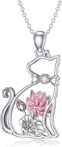 wholesale Sterling Silver Lab Grown Diamond Cat Birth Flower Necklace for Women-7-Cat and Lotus