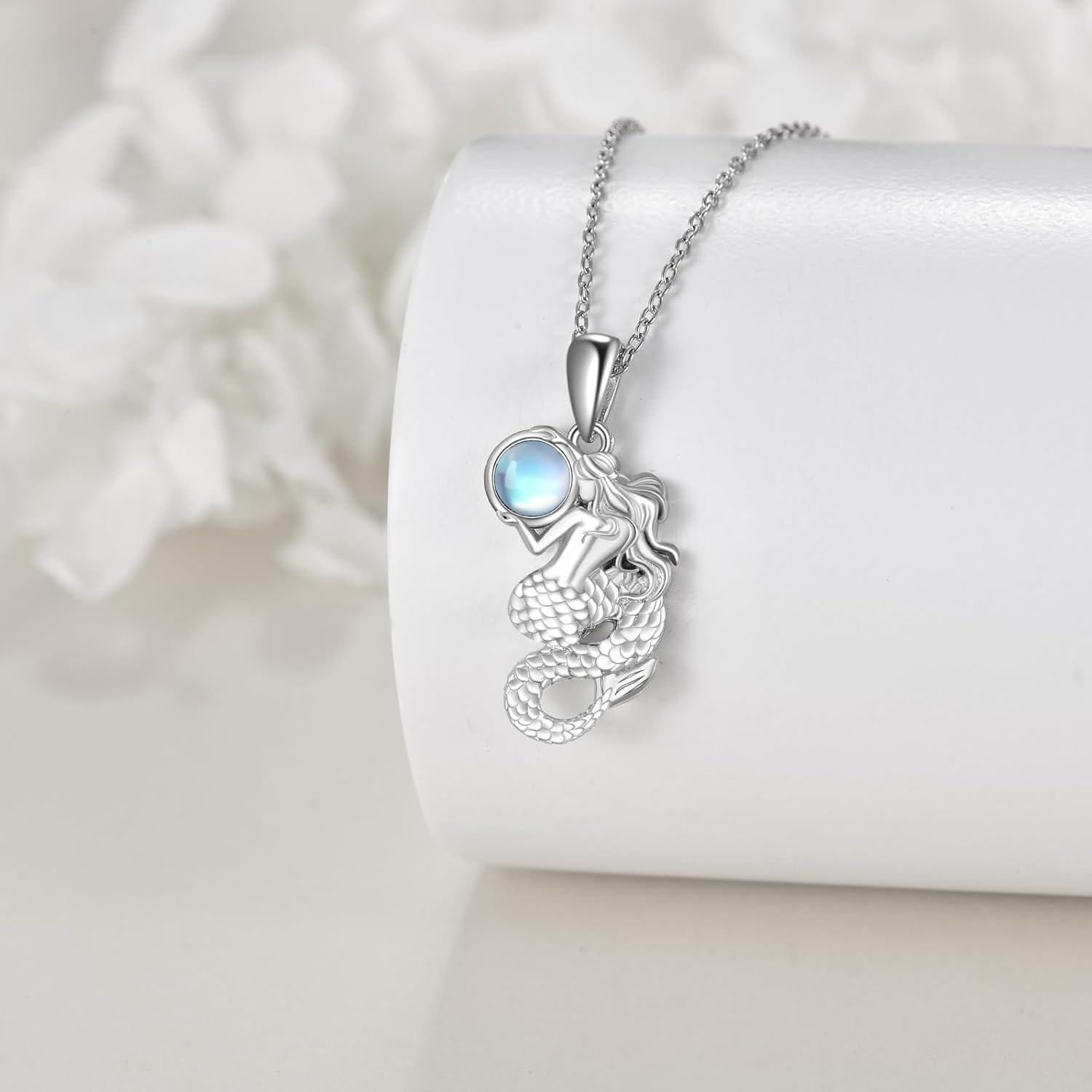 Sterling Silver Moonstone Mermaid Tail Pendant Necklace Ocean Jewelry-0-3