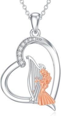 wholesale 925 Sterling Silver Mermaid Harp Heart Pendant Necklace for Women Girls-Harp