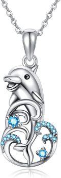 wholesale 925 Sterling Silver Dolphin Pendant Necklace with Blue Crystal Accents for Women Girls Mothers Day Gift-0-0