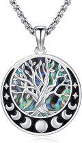 wholesale 925 Sterling Silver Round Abalone Shell Tree of Life Pendant Necklace with Moon Phase Design-0-0